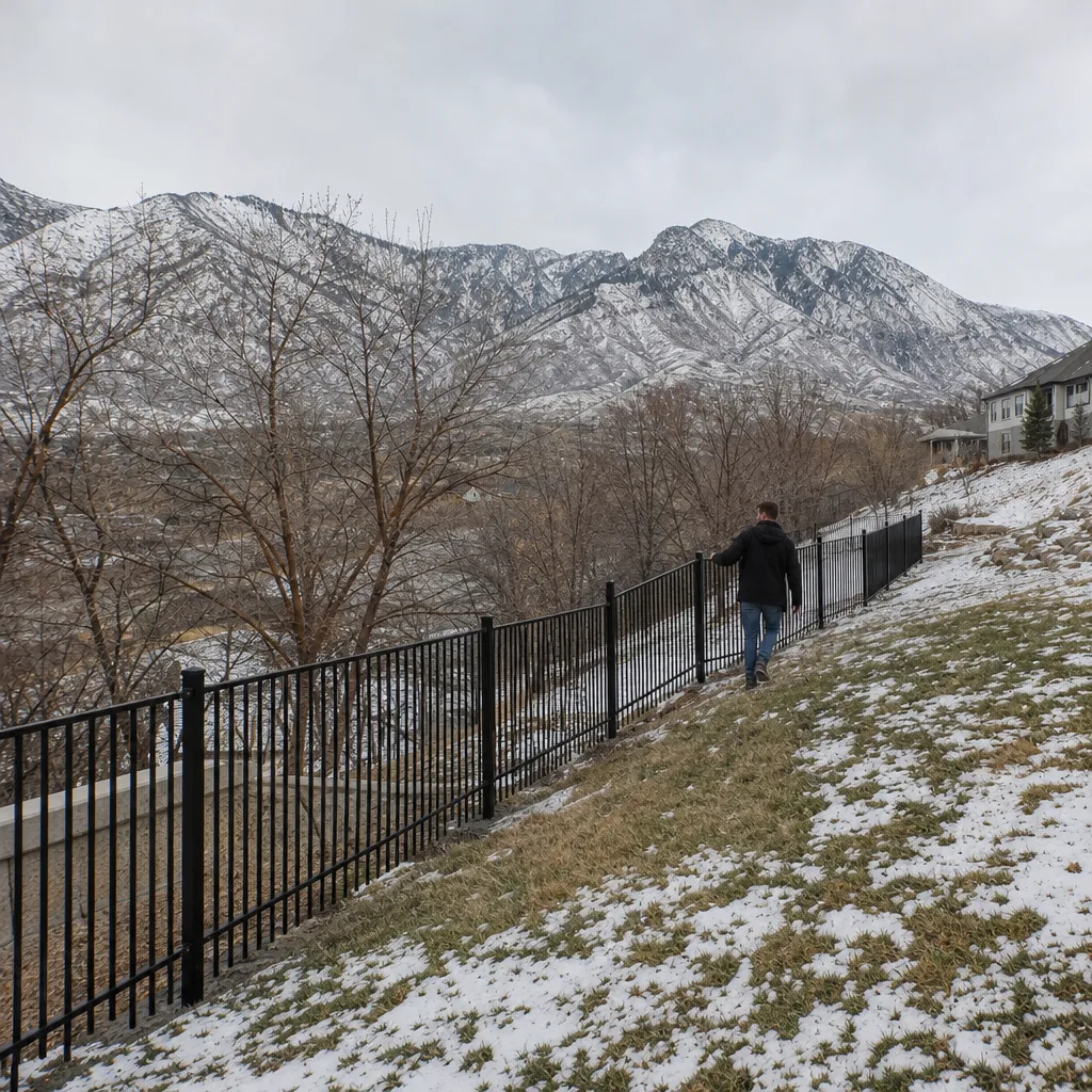 Black aluminum fence following a snowy hillside Black aluminum fence stepping down a snowy hillside with snow-capped mountains in the distance and a man walking along the fence
