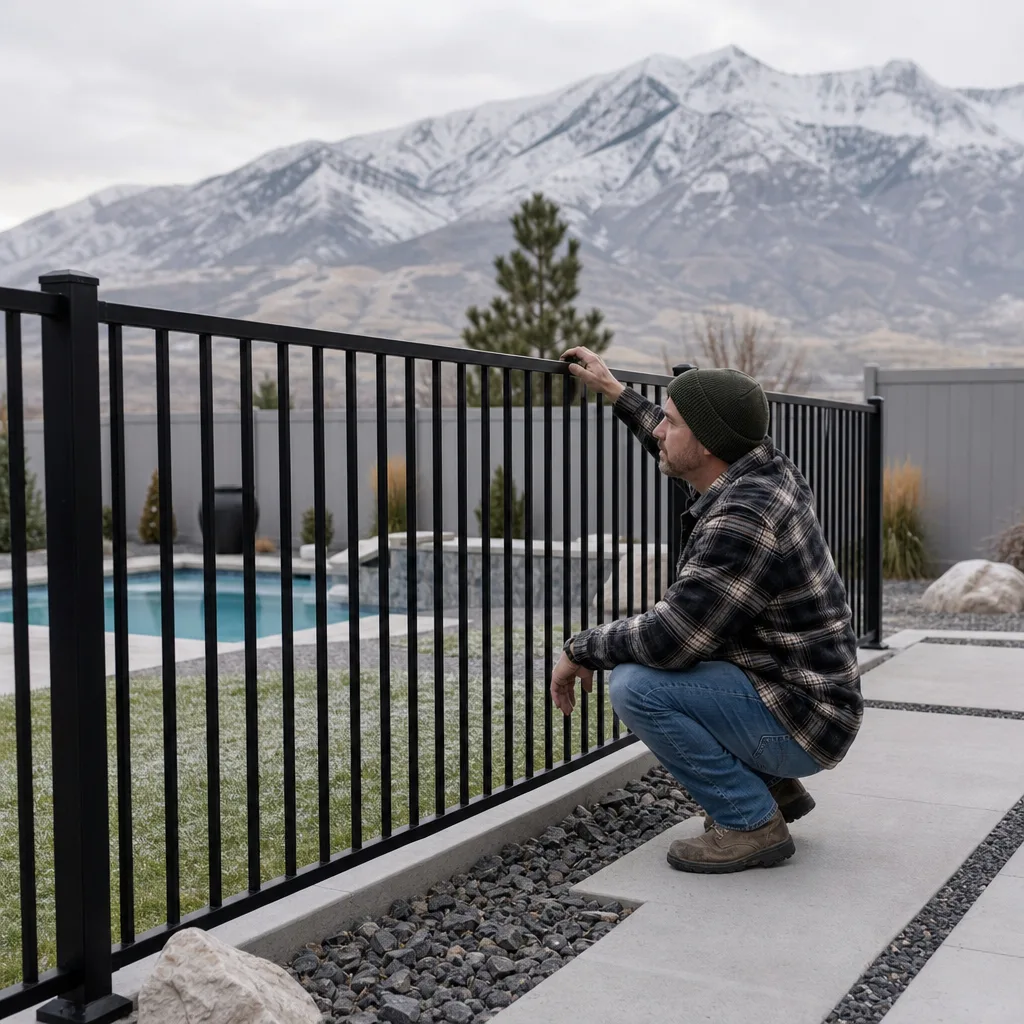 Black aluminum picket fence beside a backyard swimming pool with snow-covered mountains behind, a man crouching to check the top rail