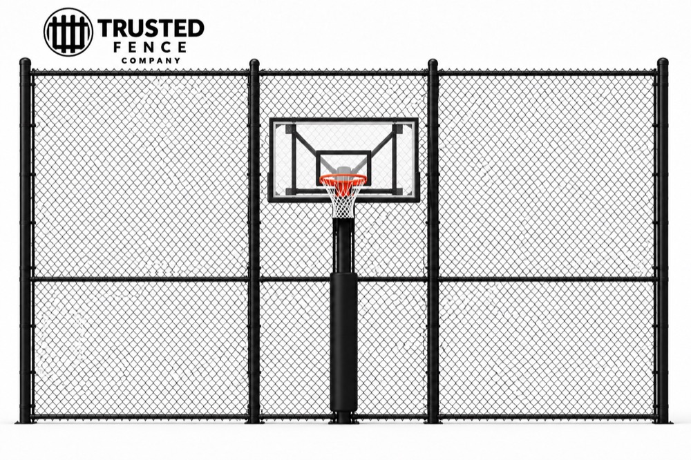 Black chain link sport court fence with a basketball hoop (illustration)