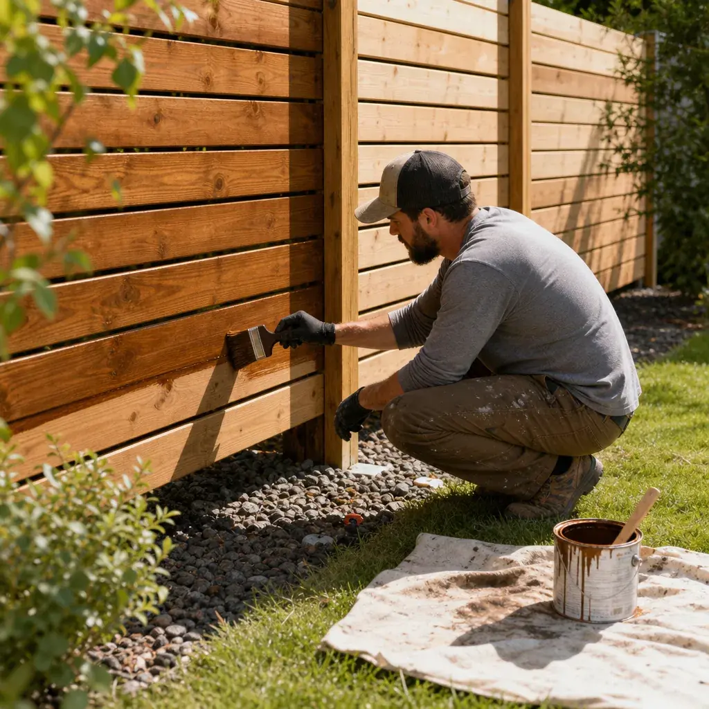 Brushing stain onto a horizontal cedar fence Man in a ball cap and gloves brushing stain onto a horizontal cedar fence board, with a stain can on a drop cloth in the grass