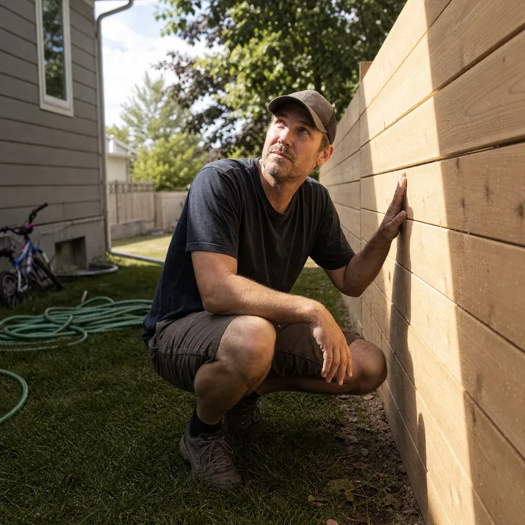 Checking a new cedar fence board before staining Man crouching beside a new horizontal-board cedar fence with his hand on a board, checking it before staining