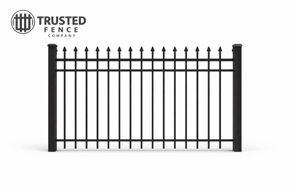 Black ornamental iron fence panel with spear-top pickets