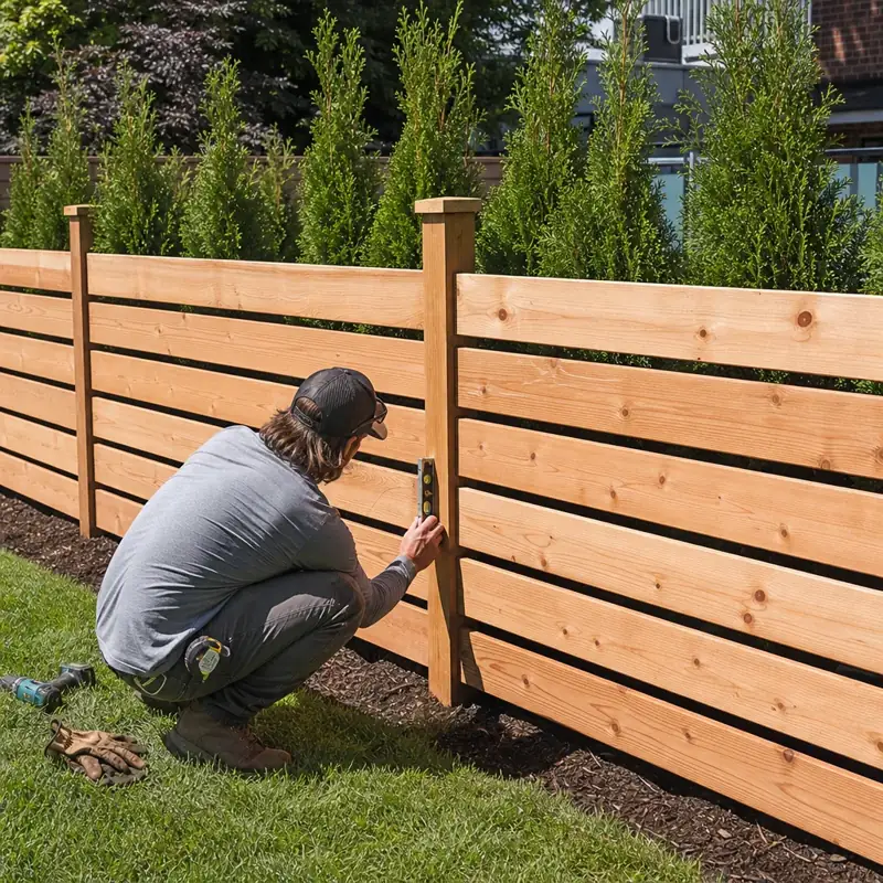 Checking a fence post with a level, with young arborvitae behind the fence Man in a ball cap crouching to check a fence post with a level on a new horizontal-board wood fence, with young arborvitae planted behind it