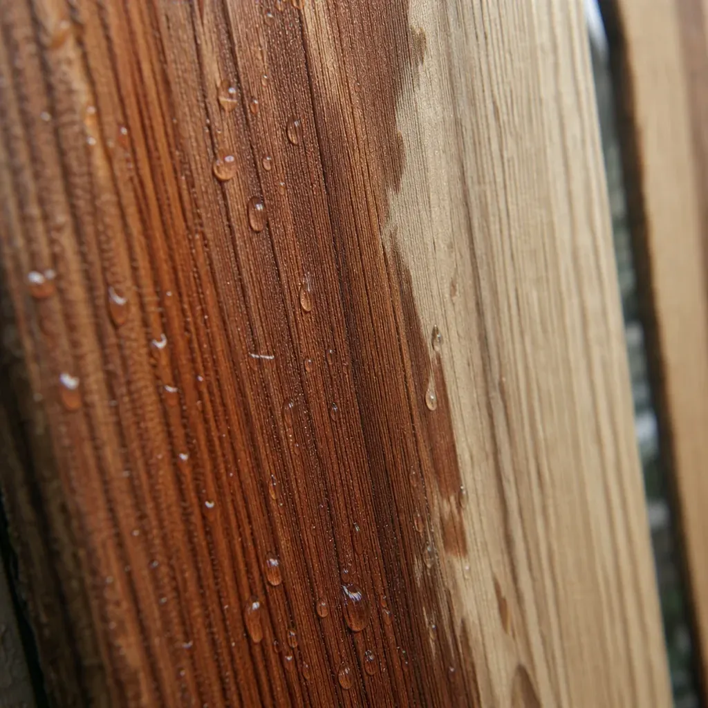 Water test on a cedar fence board Close-up of water drops on a cedar fence board, with part of the board soaked darker and part still dry
