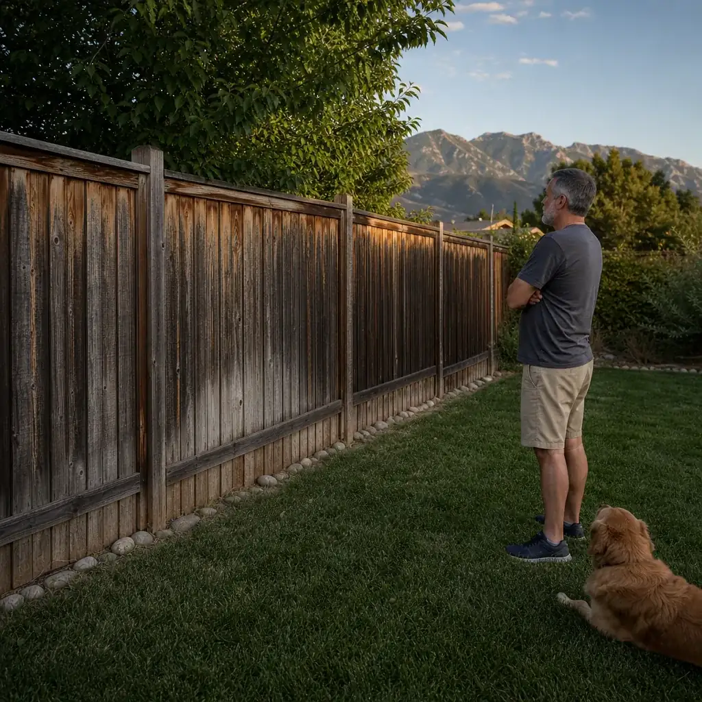 Weathered gray wood privacy fence that needs restaining Weathered gray-brown wood privacy fence along a backyard lawn, with a man and a golden dog looking at it and mountains in the distance