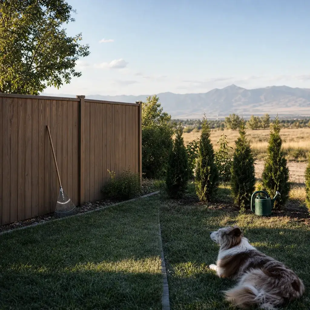 Solid privacy fence next to a row of young arborvitae hedge Tall solid brown privacy fence beside a row of young arborvitae in a backyard, with a rake, a watering can, a dog and mountains in the distance